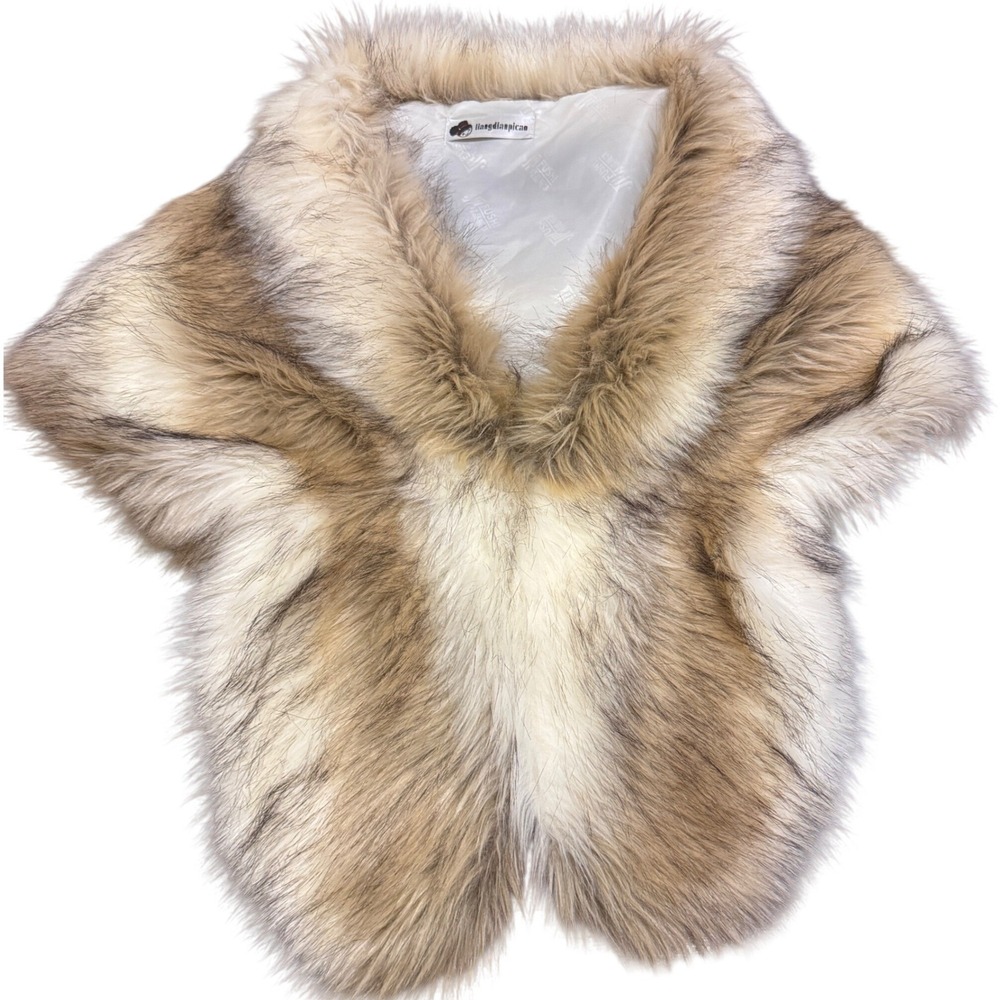 Faux Fur Shawl Wrap Stole Cream Tan Winter Formal Wedding Halloween Costume Wrap